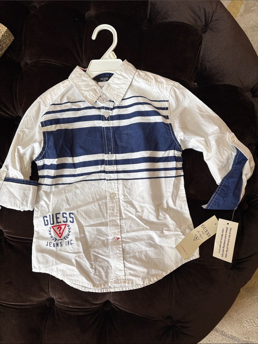 Guess White and Navy Stripe Button-Down Shirt for Kids